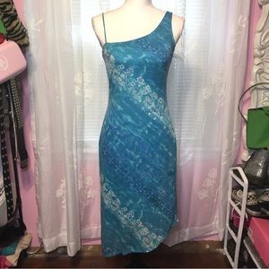 90s Y2K Vintage My Michelle Blue Sequin Asymmetrical Midi Dress Mermaid Fairy XS